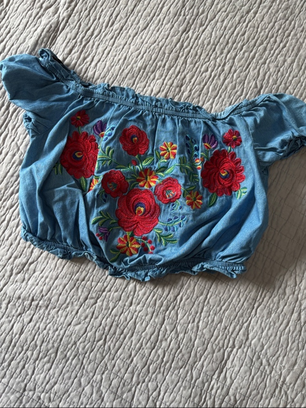 Forever 21 Embroidered Chambray Off-The-Shoulder Crop Top - Large